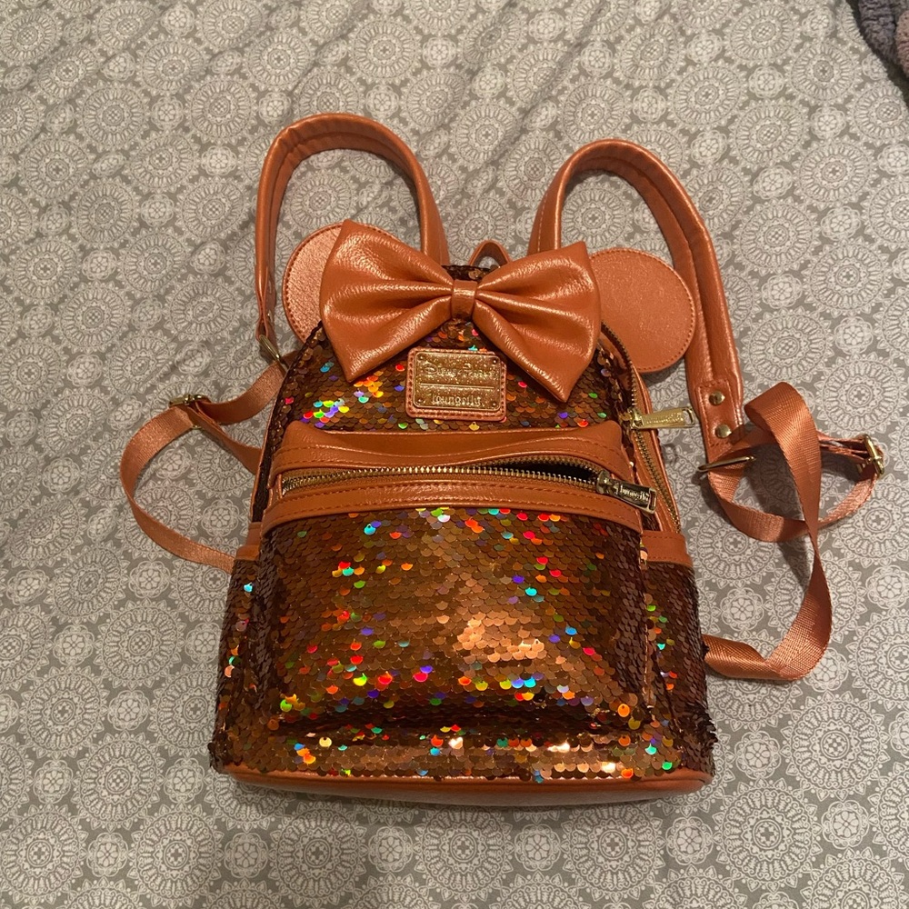 Orange Sequin Loungefly Backpack with Bow and Ear Detail